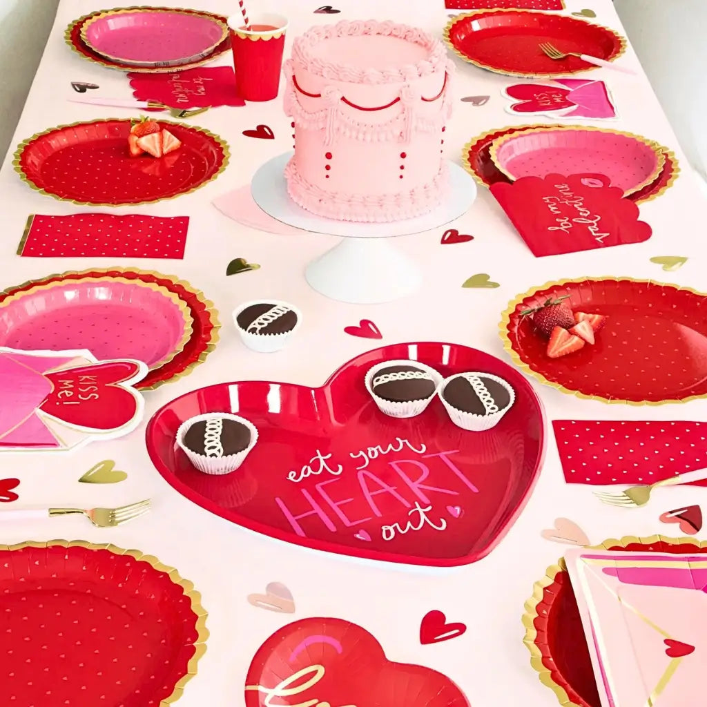 Pink paper plate with mini gold heart pattern and gold rim valentines day tableware