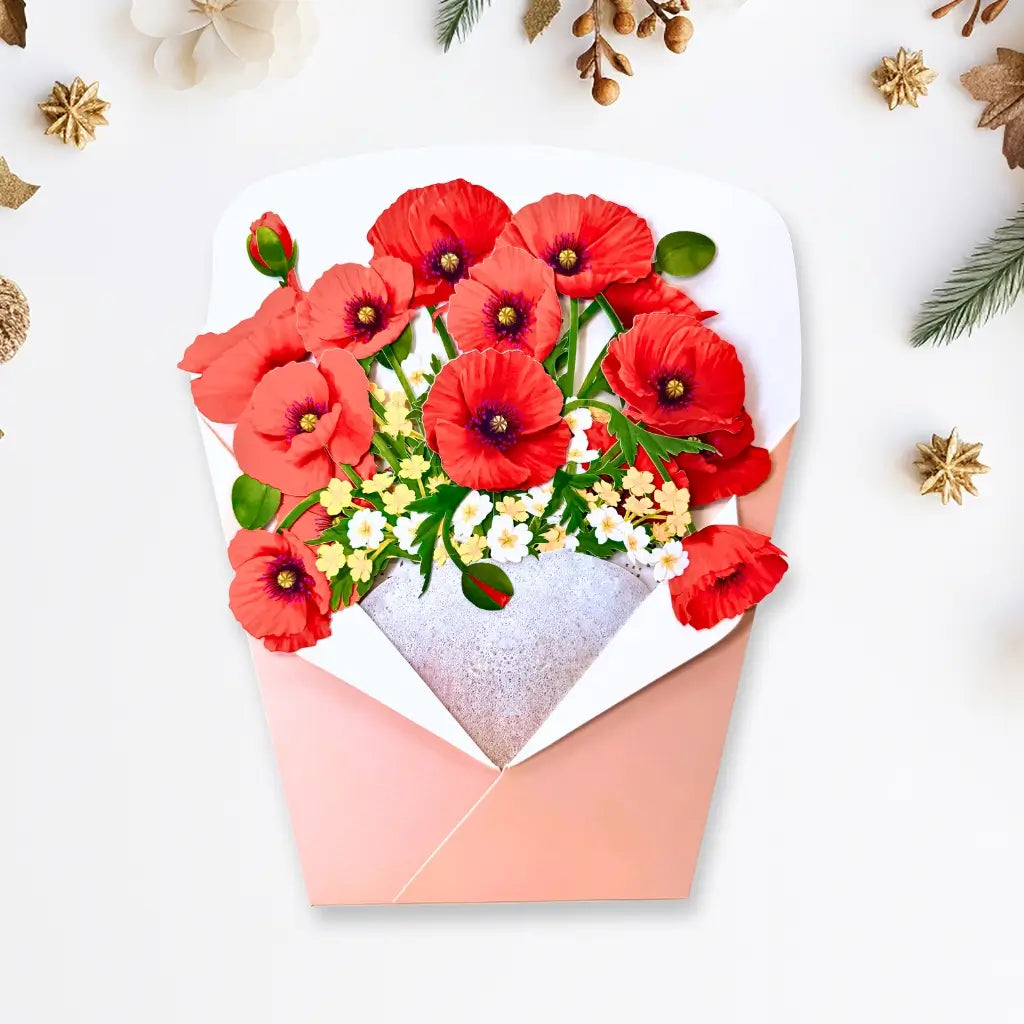 Remembrance Day red poppy bouquet 3d pop up card