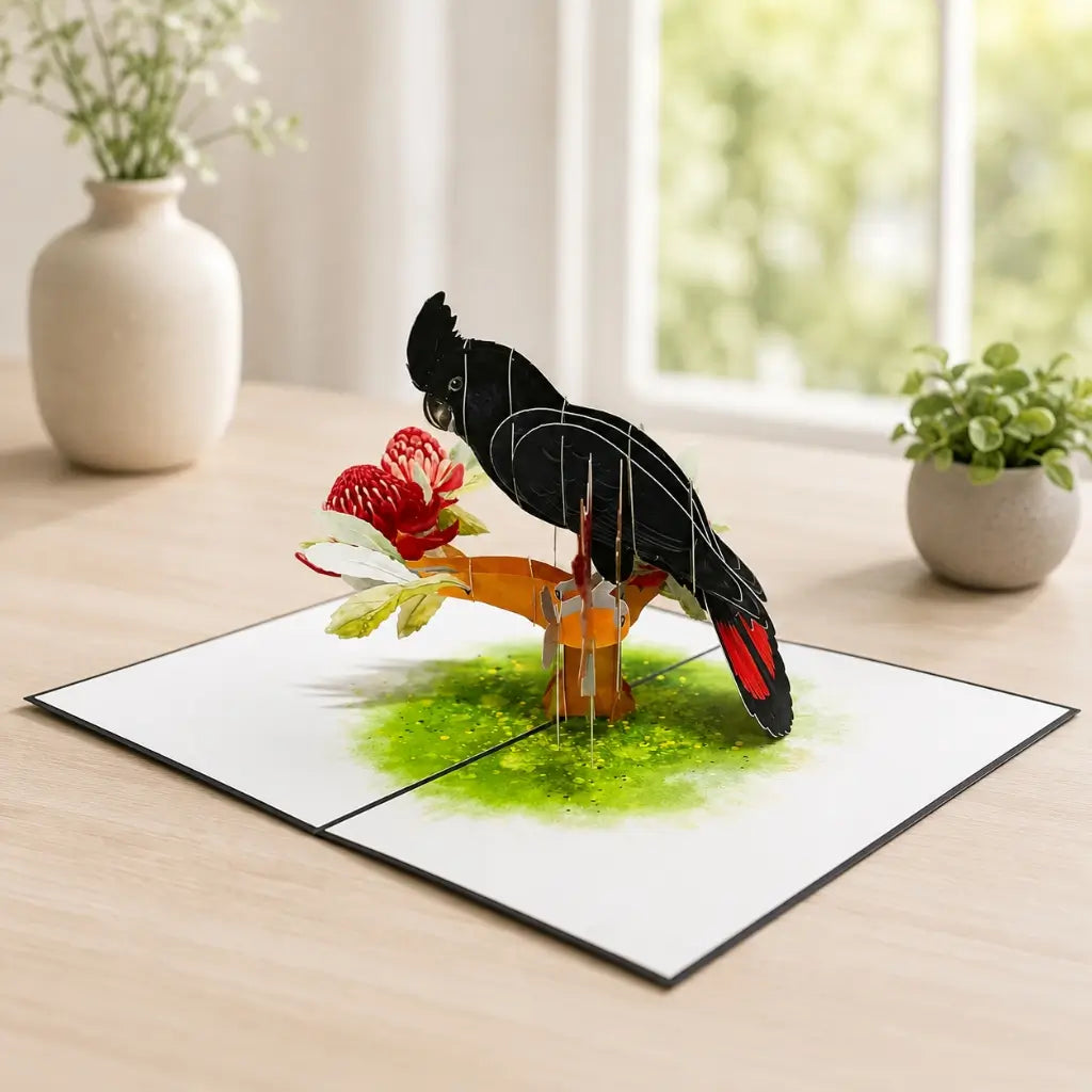 Handmade Red Tailed Black Cockatoo On Red Waratah Branch 3D Origami Pop Up Native Bird Greeting Card.