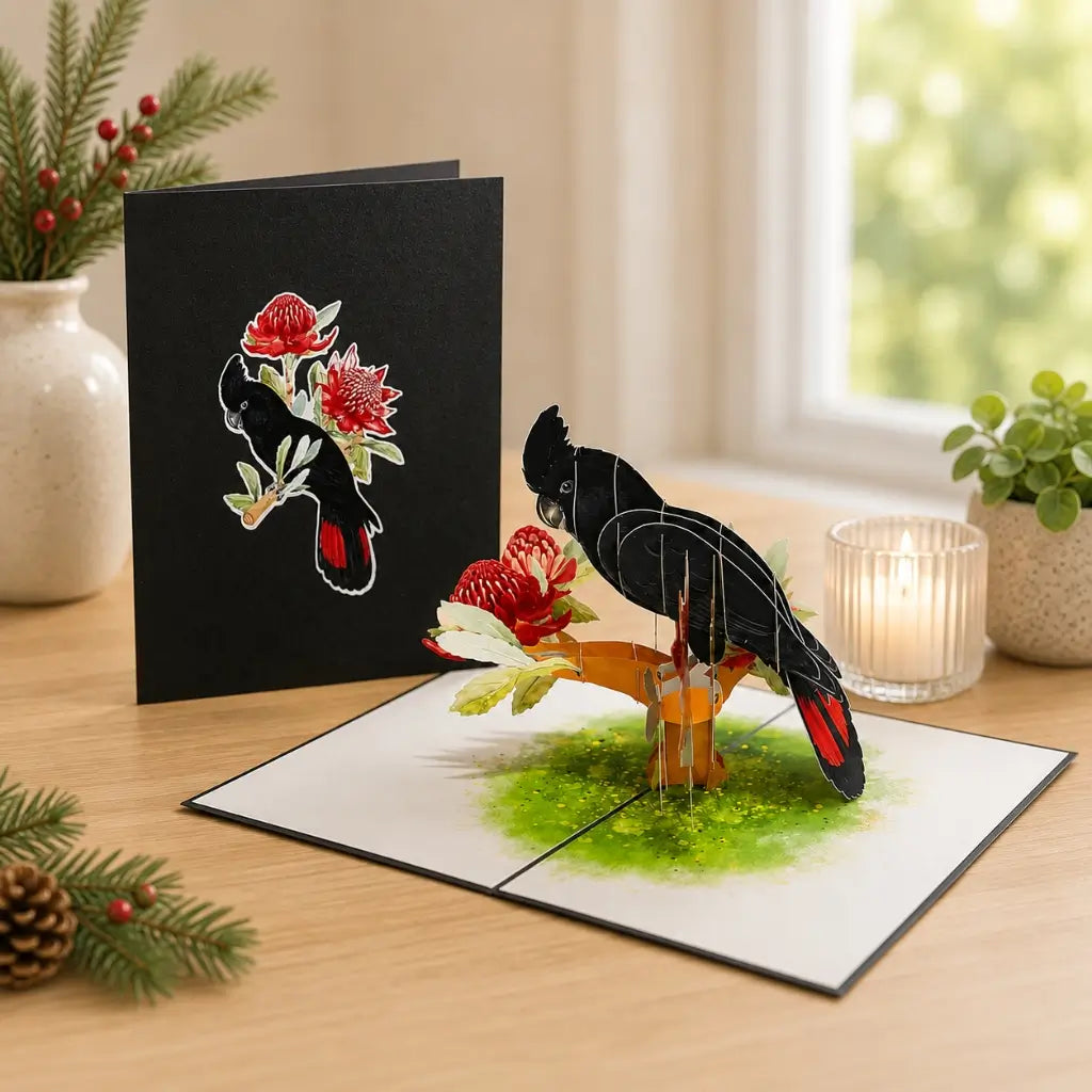 Handmade Red Tailed Black Cockatoo On Red Waratah Branch 3D Origami Pop Up Native Bird Greeting Card.