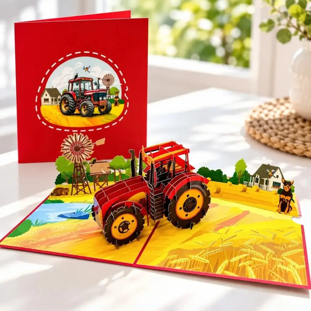 Australian farm greeting card with a red tractor, birds and farm dog