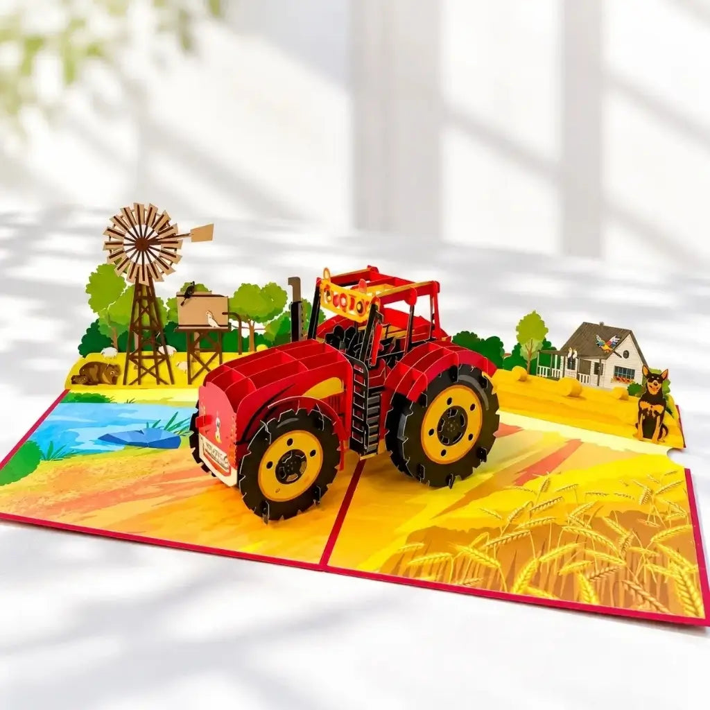 Red tractor and Australian farm animals 3D pop-up greeting card
