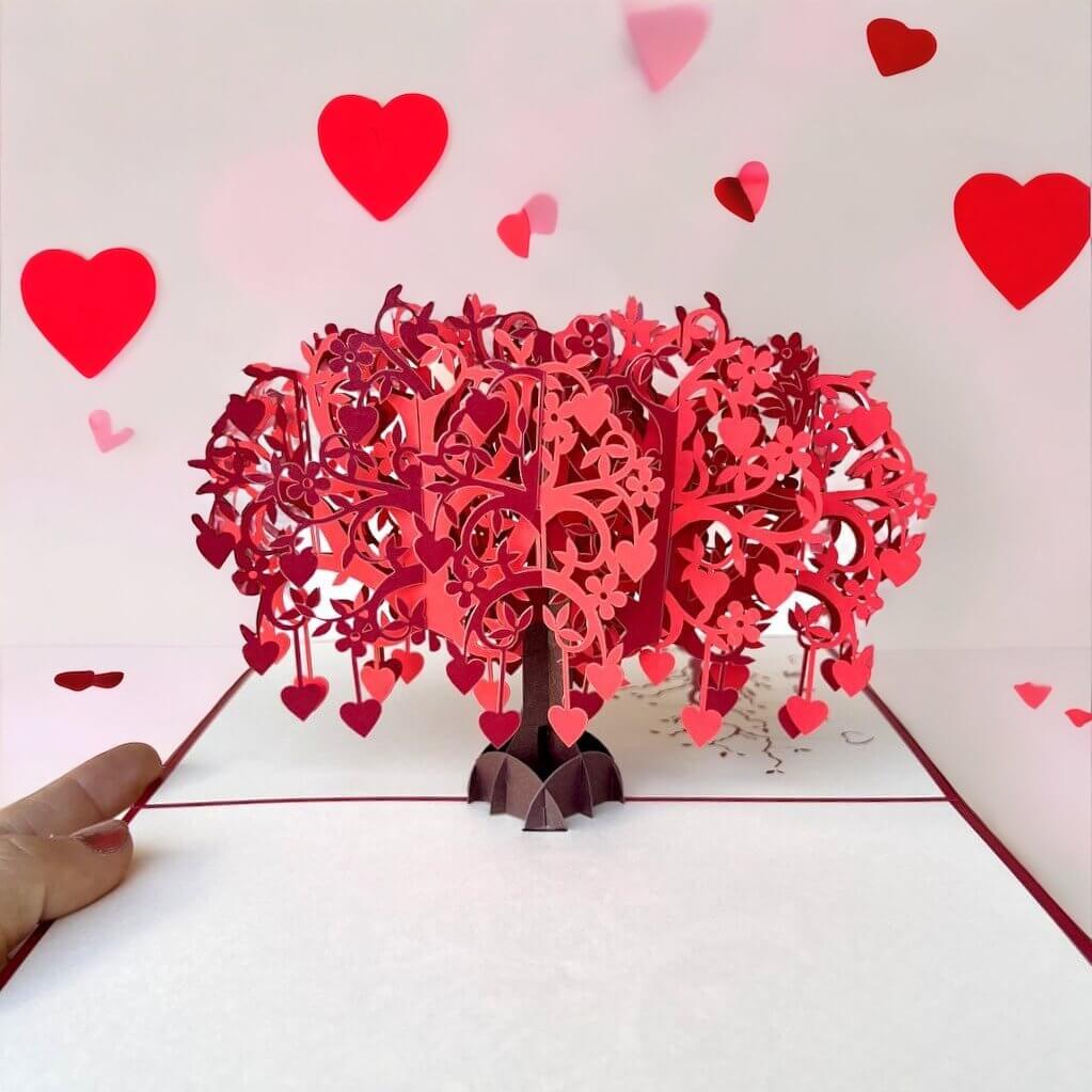 Red Tree Of Love Hearts 3D Pop Up Card - Red Cover