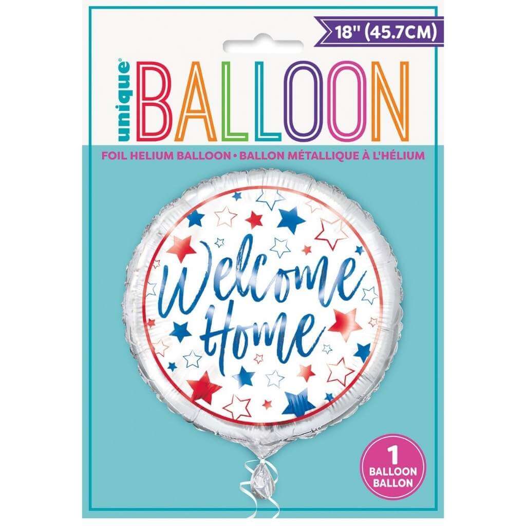 Round balloon with 'Welcome Home' text and red, blue, and white stars on a white background