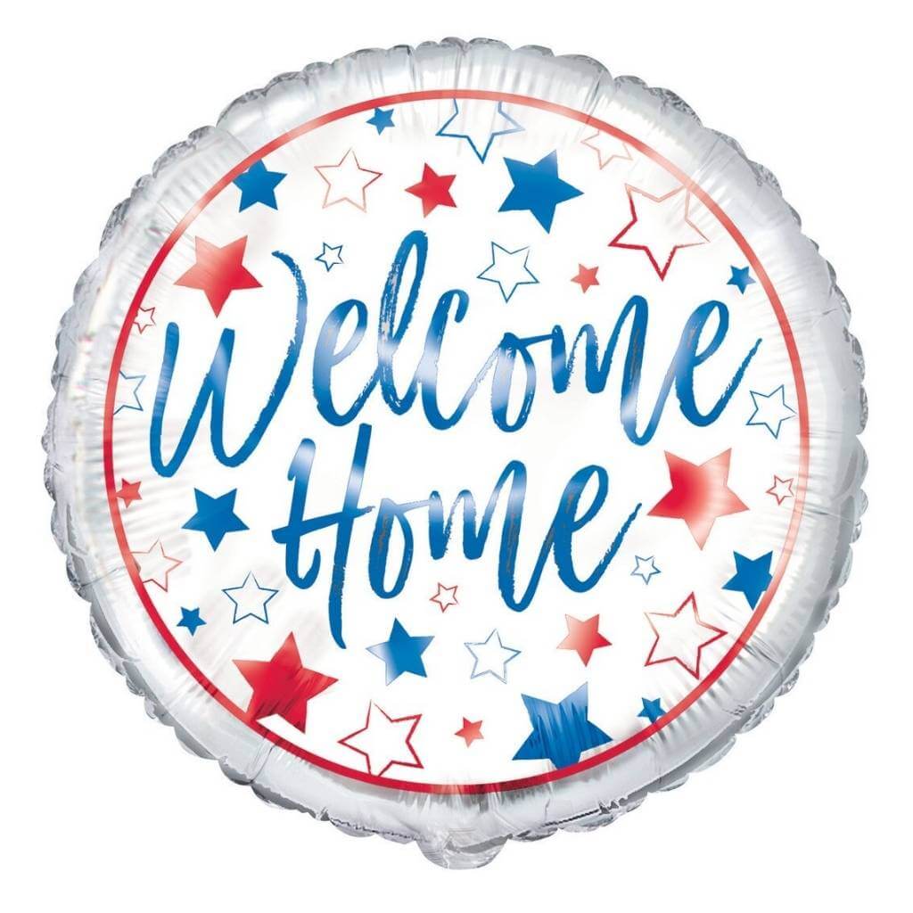 Round balloon with 'Welcome Home' text and red, blue, and white stars on a white background