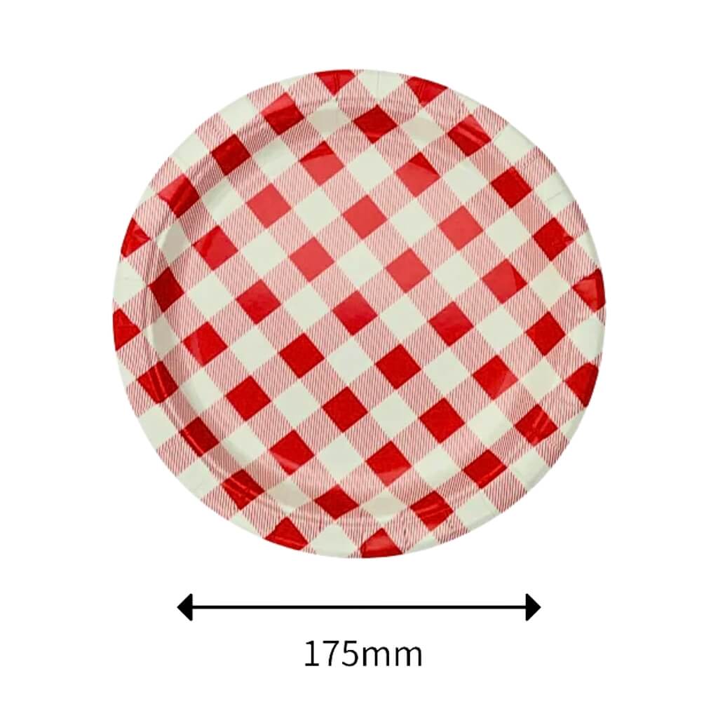 Red gingham round disposable paper plates 18cm 20 pack