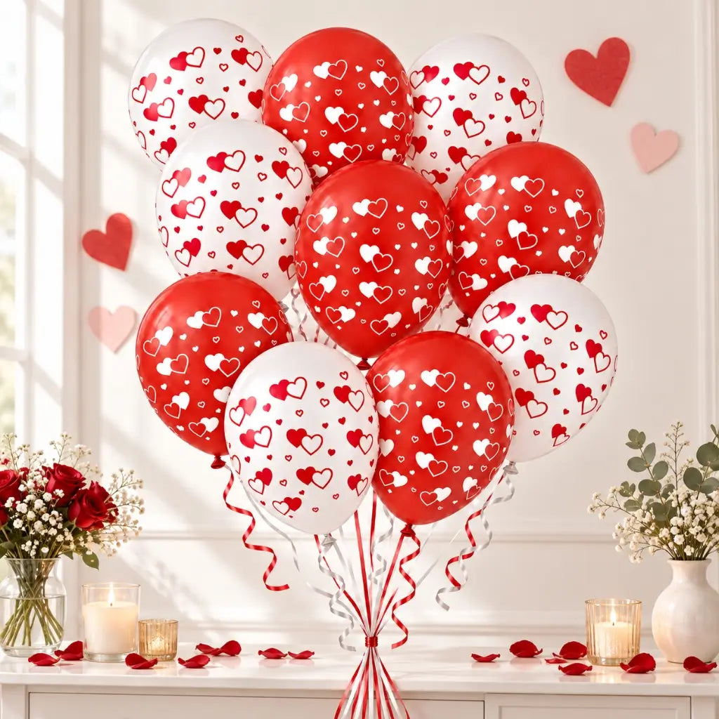 Red & White Heart Print Latex Balloons 30cm 10 Pack