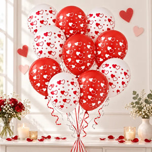 Red & White Heart Print Latex Balloons 30cm 10 Pack