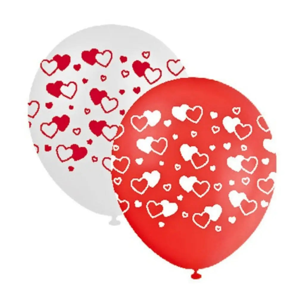 Red and white heart-print latex balloons in a ten pack