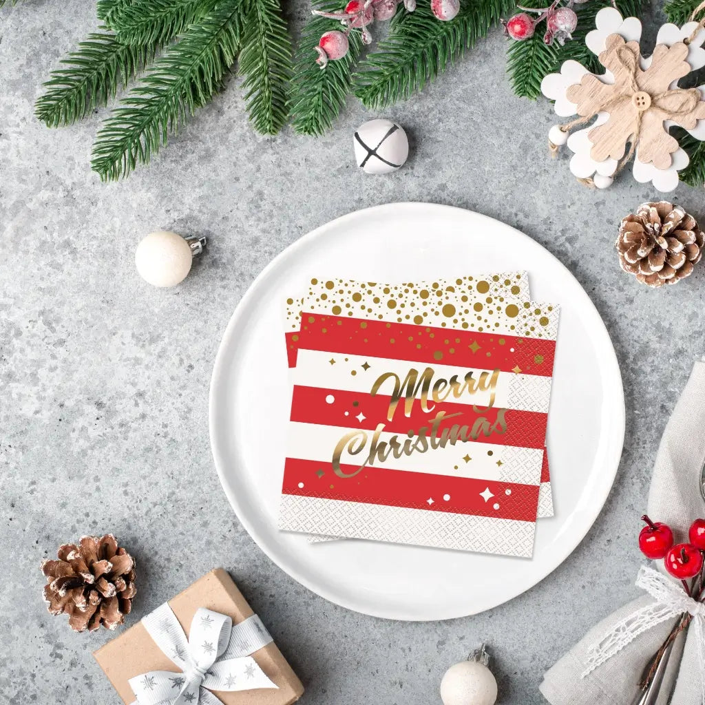 Premium holiday dinner napkins with gold foil sparkles for Christmas table decor.