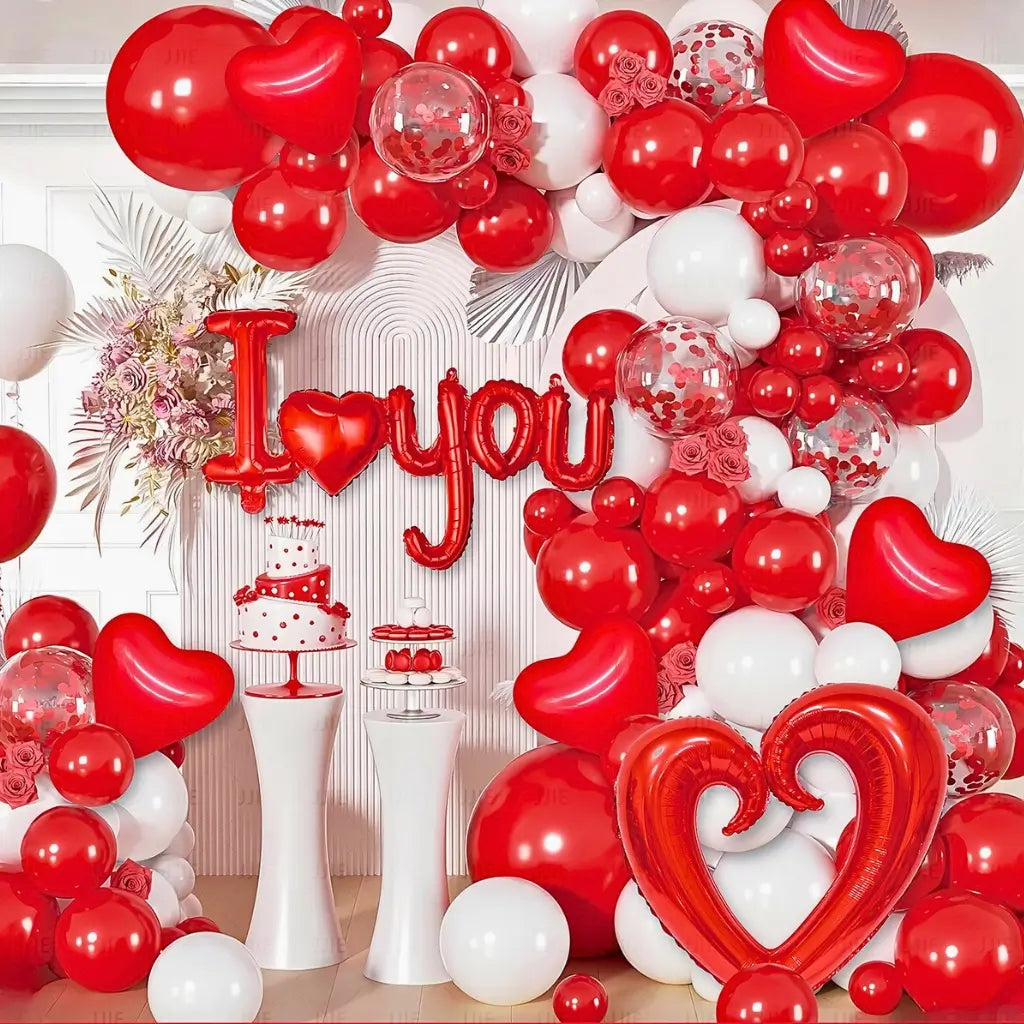 Valentine’s Day red and white balloon arch garland