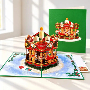 Festive reindeer carousel Christmas card with red and gold details