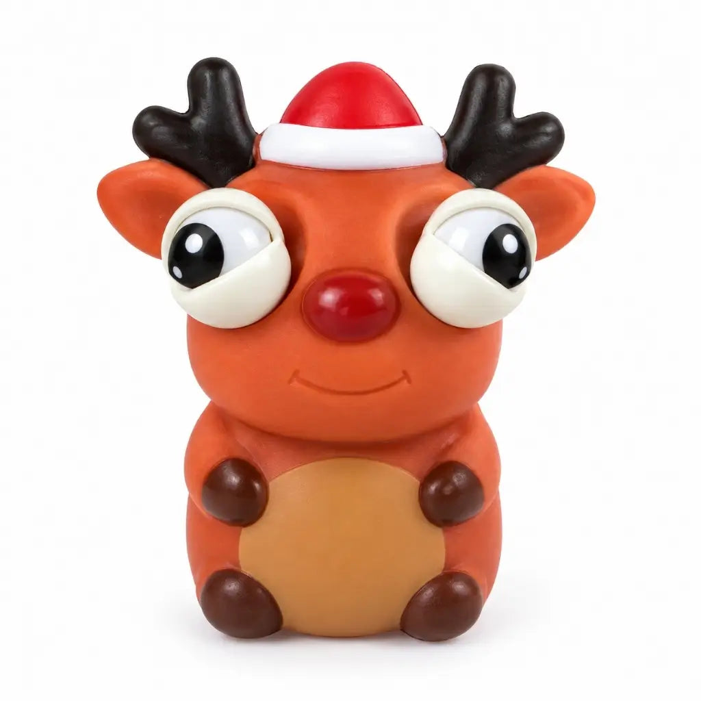 Reindeer squishy toy with oversized eyes popping outward when squeezed