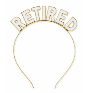 Gold metal retirement headband with RETIRED enamel lettering