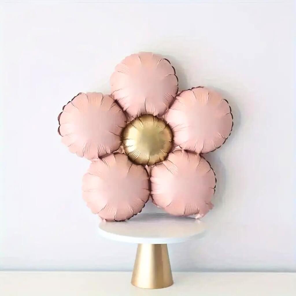Vintage pink five-petal daisy foil balloon with gold centre