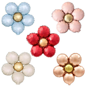 retro coloured five-petal daisy foil balloons with gold centre