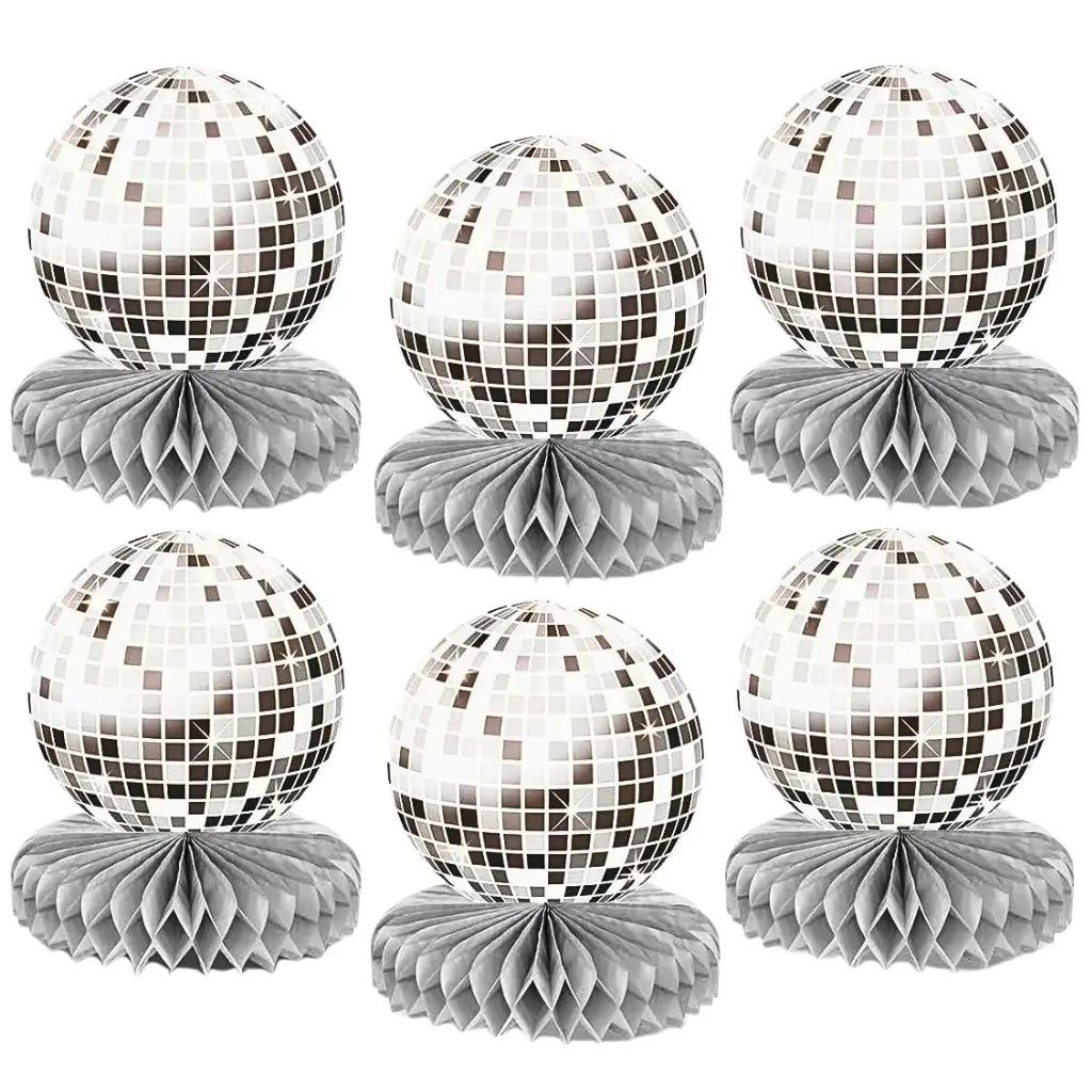 Set of retro disco theme table decorations with honeycomb bases
