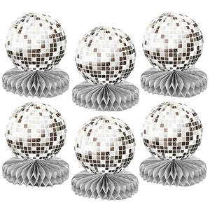 Set of retro disco theme table decorations with honeycomb bases