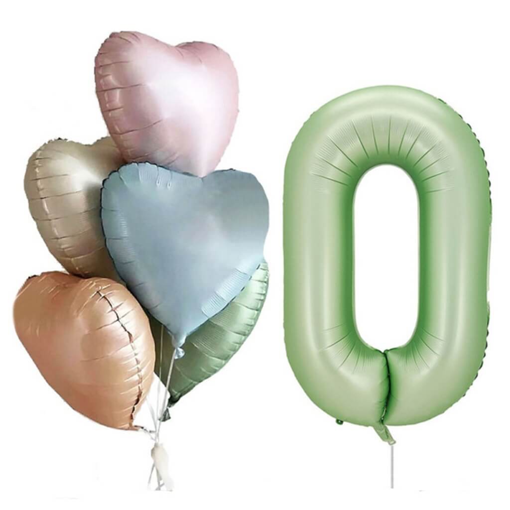 Pack of 6 Assorted Retro Heart All Age Birthday Balloons with a Jumbo Olive Green Number