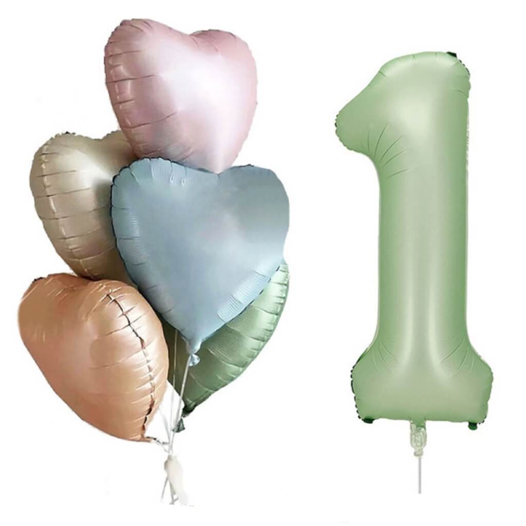 Pack of 6 Assorted Retro Heart All Age Birthday Balloons with a Jumbo Olive Green Number 1