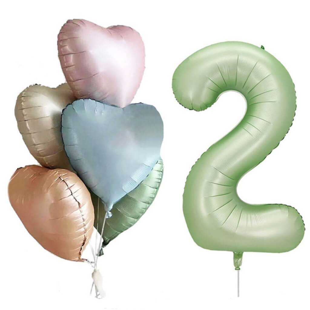 Pack of 6 Assorted Retro Heart All Age Birthday Balloons with a Jumbo Olive Green Number 2