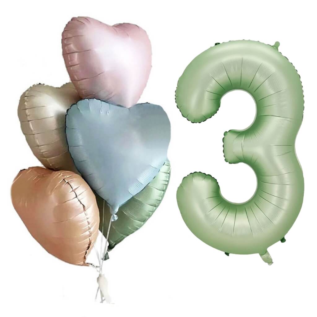 Pack of 6 Assorted Retro Heart All Age Birthday Balloons with a Jumbo Olive Green Number 3