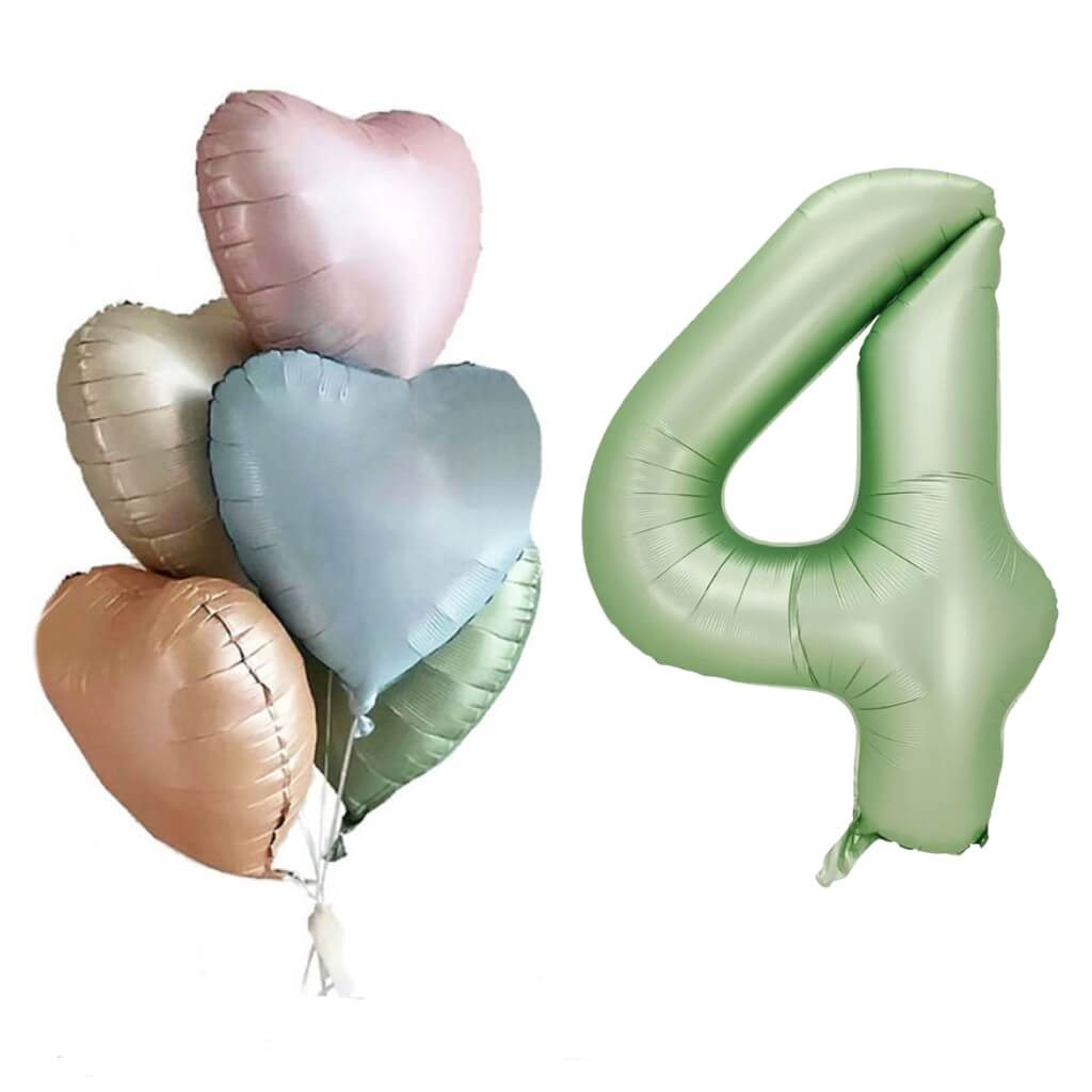 Pack of 6 Assorted Retro Heart All Age Birthday Balloons with a Jumbo Olive Green Number 4