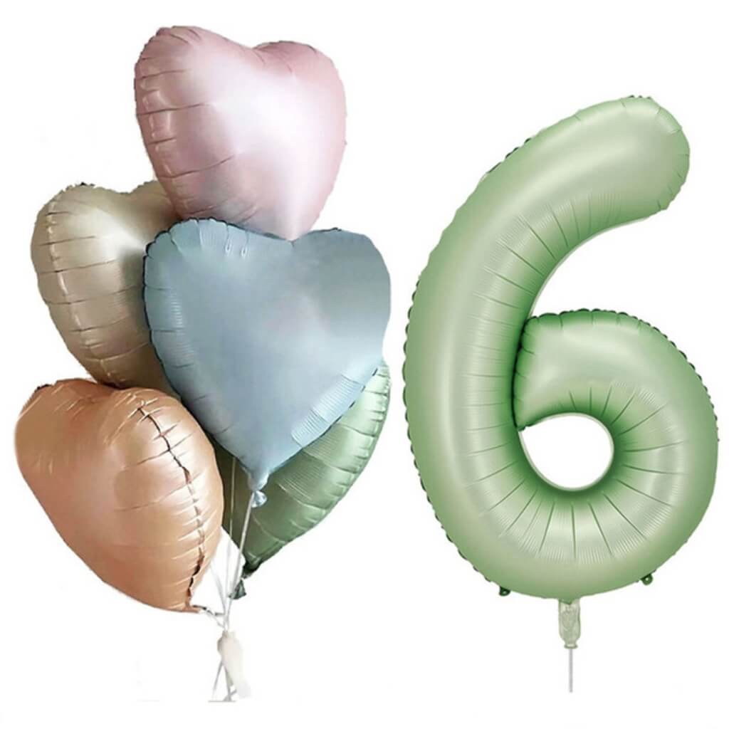 Pack of 6 Assorted Retro Heart All Age Birthday Balloons with a Jumbo Olive Green Number 6