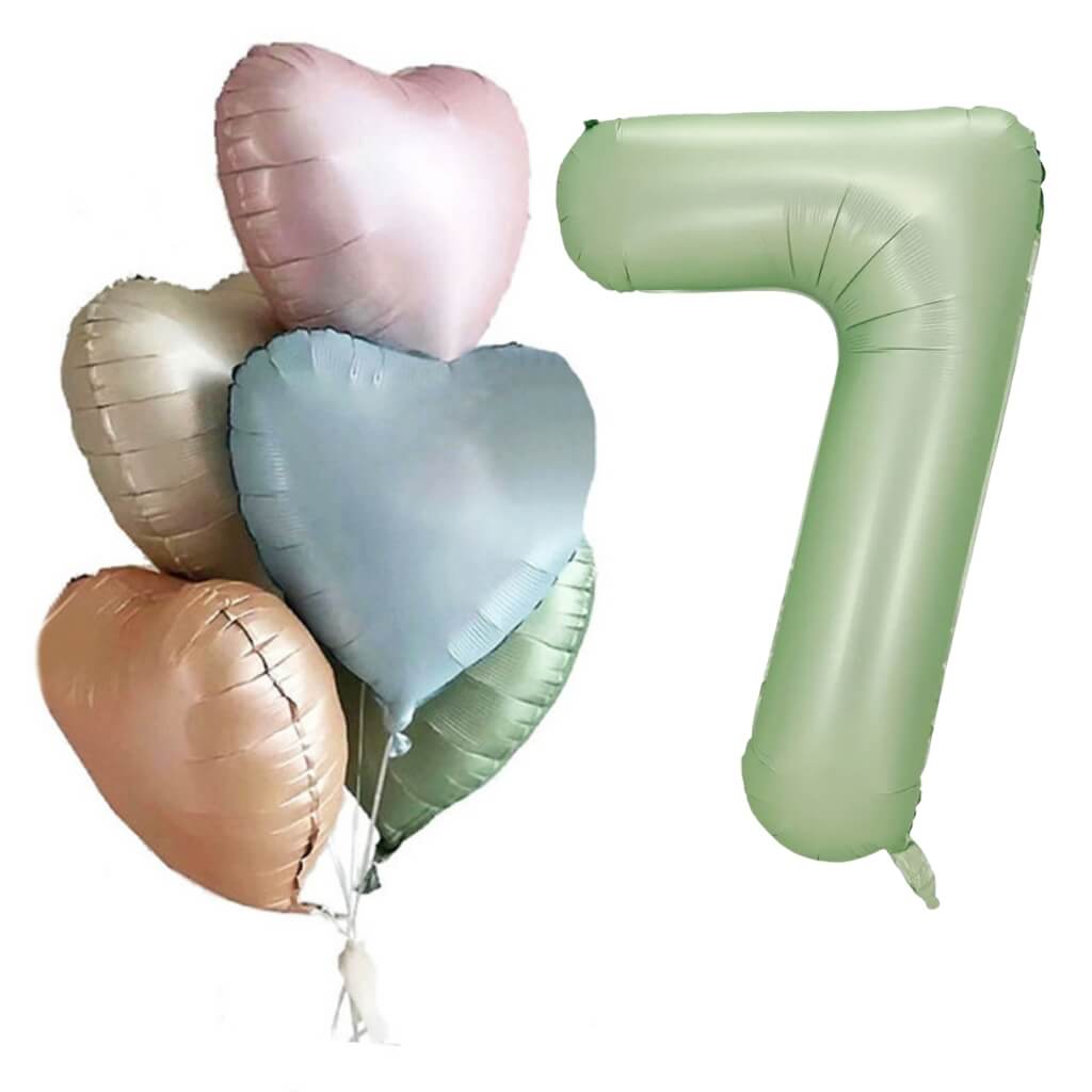 Pack of 6 Assorted Retro Heart All Age Birthday Balloons with a Jumbo Olive Green Number 7