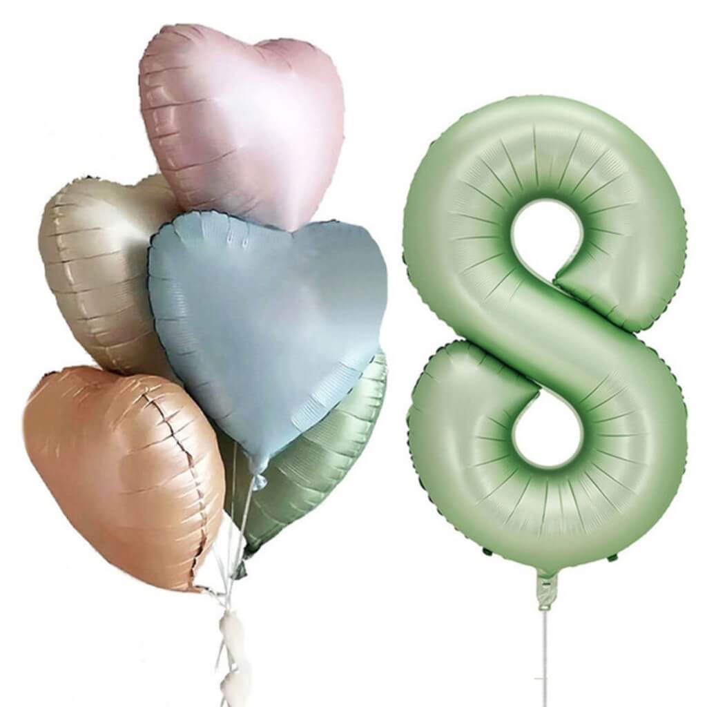 Pack of 6 Assorted Retro Heart All Age Birthday Balloons with a Jumbo Olive Green Number 8