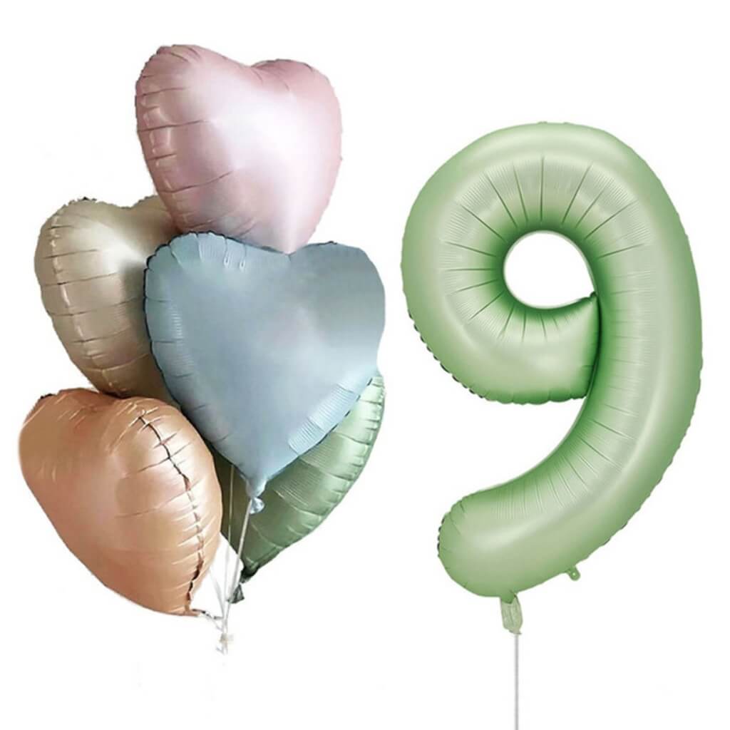 Pack of 6 Assorted Retro Heart All Age Birthday Balloons with a Jumbo Olive Green Number 9