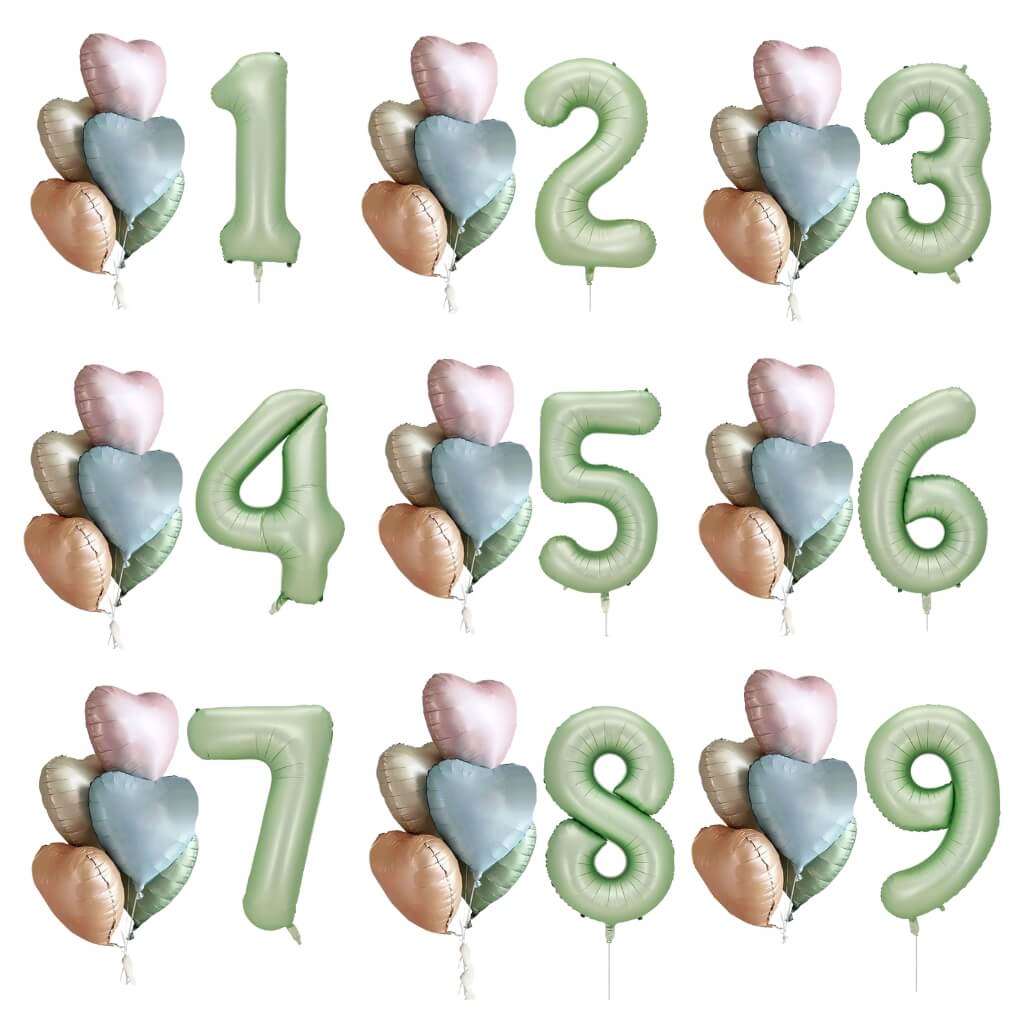 Pack of 6 Assorted Retro Heart All Age Birthday Balloons with a Jumbo Olive Green Number