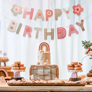 Retro Pink Happy Birthday Floral Paper Banner