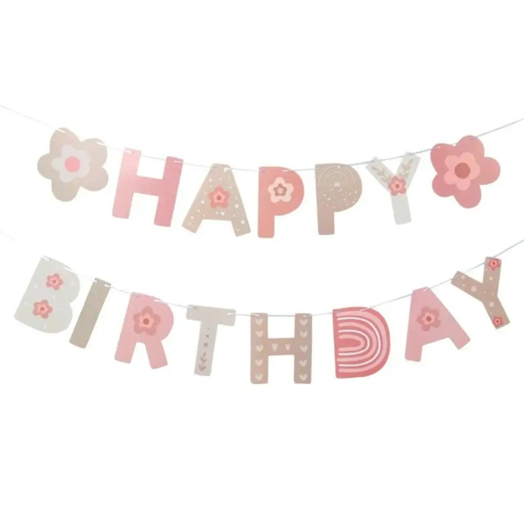 Retro Pink Happy Birthday Floral Paper Banner