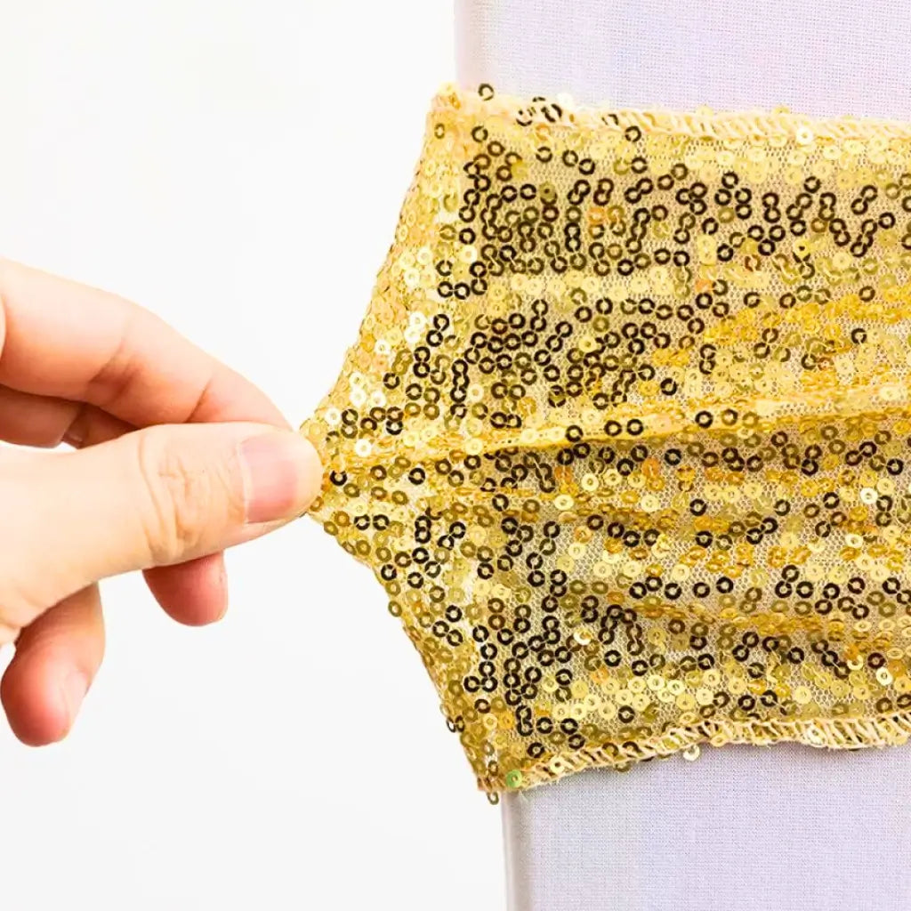 Reusable stretch gold sequin chair sash for weddings, birthdays, and showers