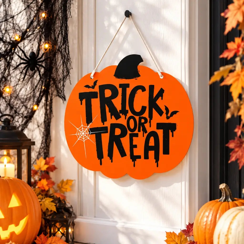 Orange pumpkin door sign reading Trick or Treat in black lettering