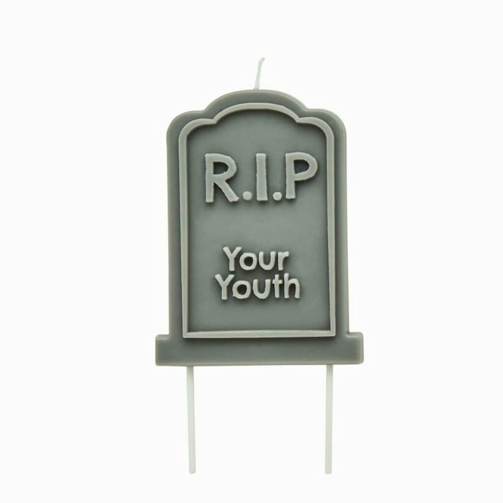 Tombstone-shaped “RIP Your Youth” birthday candle for milestone birthdays