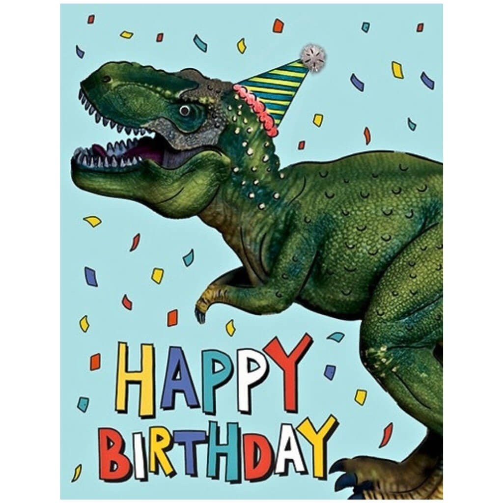 Roarsome dinosaur birthday card featuring T-Rex with party hat