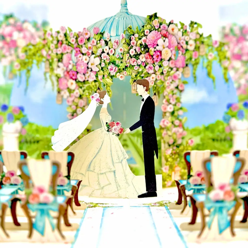 Country Wedding with Bride & Groom under floral arch way 3D Pop Up Greeting Card