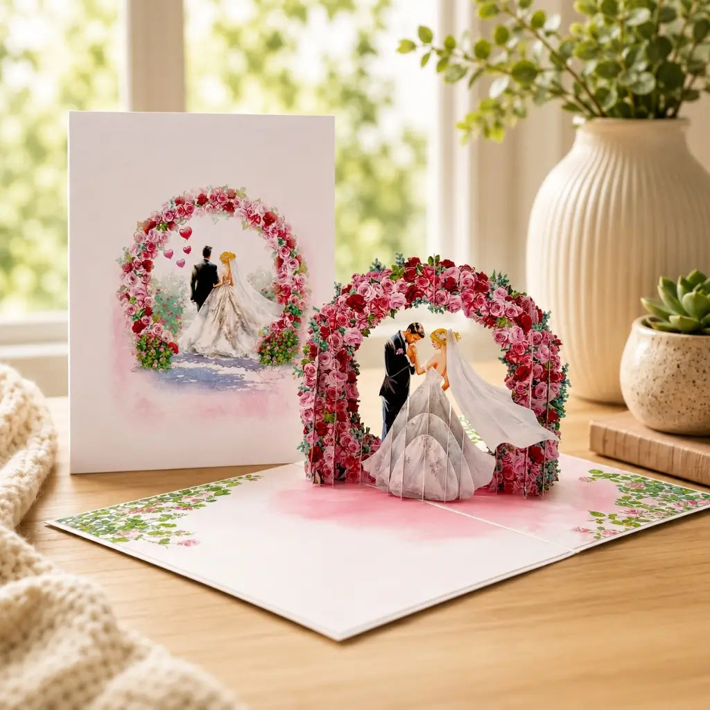 Blonde bride and groom rose arch 3D pop up card