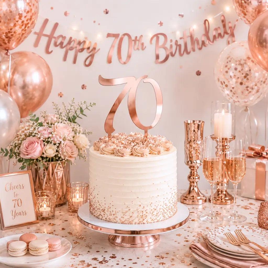 Acrylic Rose Gold Age 70 Birthday Cake Topper