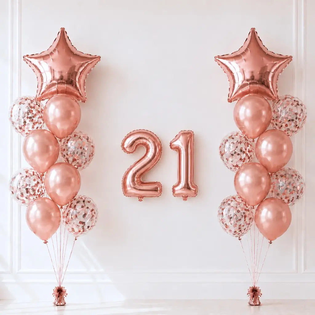 Rose Gold Age 21 Birthday Balloon Bouquet 24pk