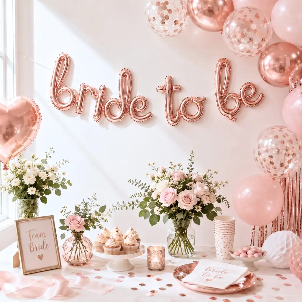 Rose Gold 'bride to be' Script Lowercase Foil Balloon Banner