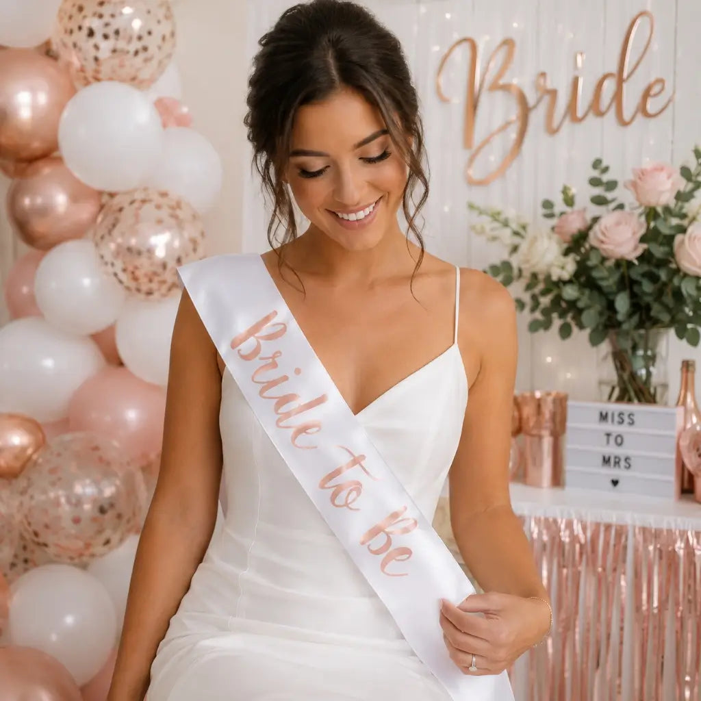 White Bride To Be Bridal Shower Sash - Rose Gold Print