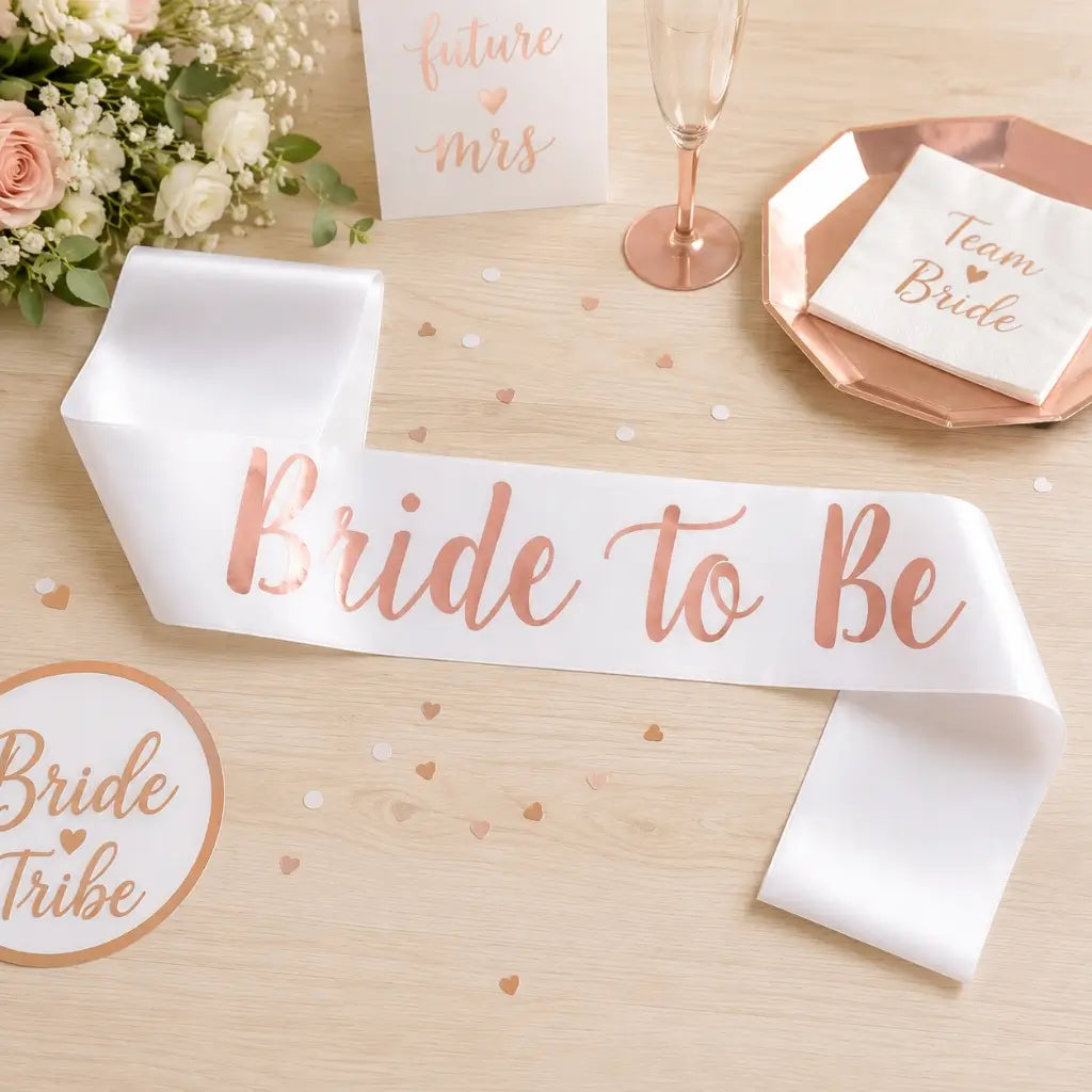 White Bride To Be Bridal Shower Sash - Rose Gold Print