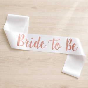 White Bride To Be Bridal Shower Sash - Rose Gold Print