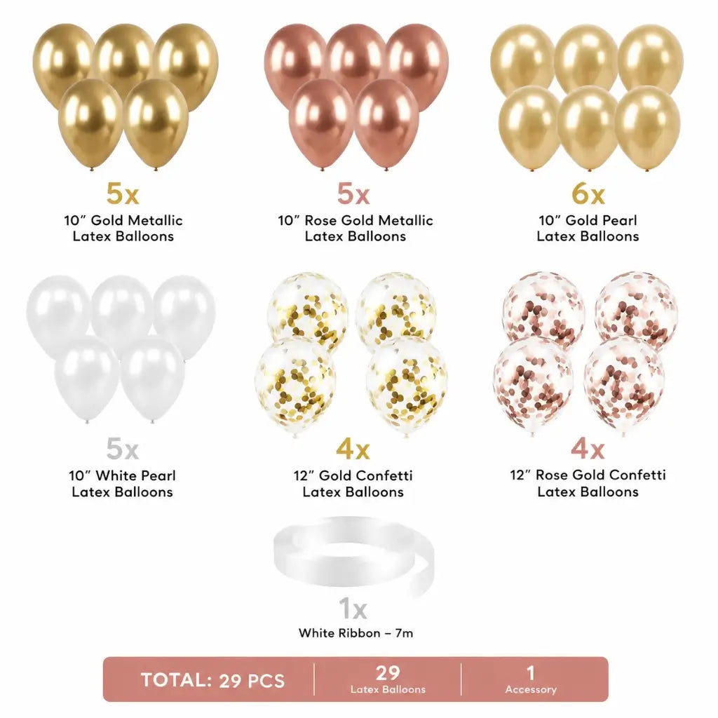 rose gold Balloon set with quantities and types of balloons