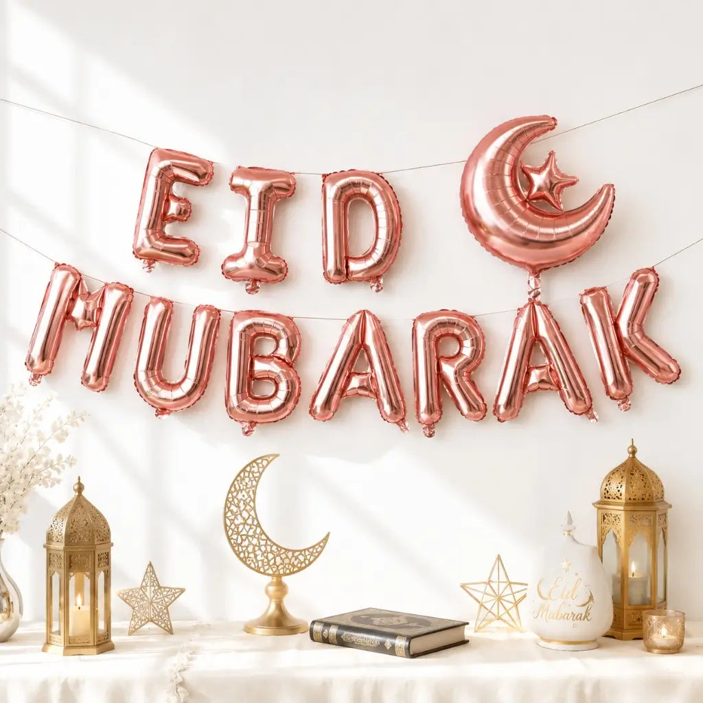 16-inch Rose Gold EID MUBARAK Moon Star Foil Balloon Banner
