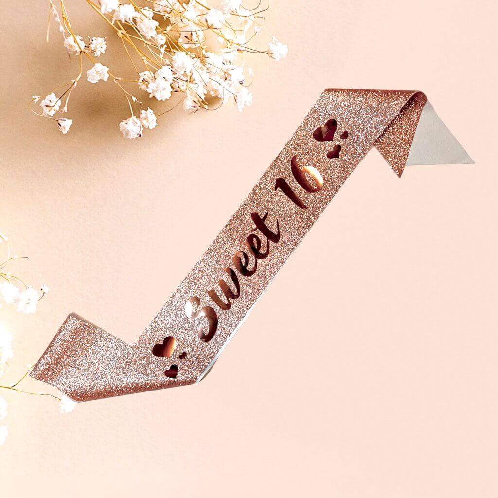 Delux Rose Gold Glitter Sweet 16 with Hearts sixteenth birthday Party Sash