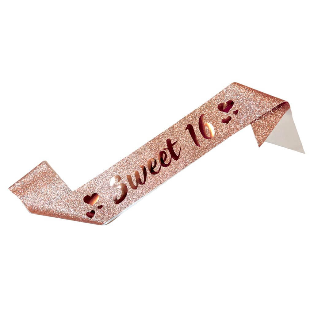 Delux Rose Gold Glitter Sweet 16 with Hearts sixteenth birthday Party Sash